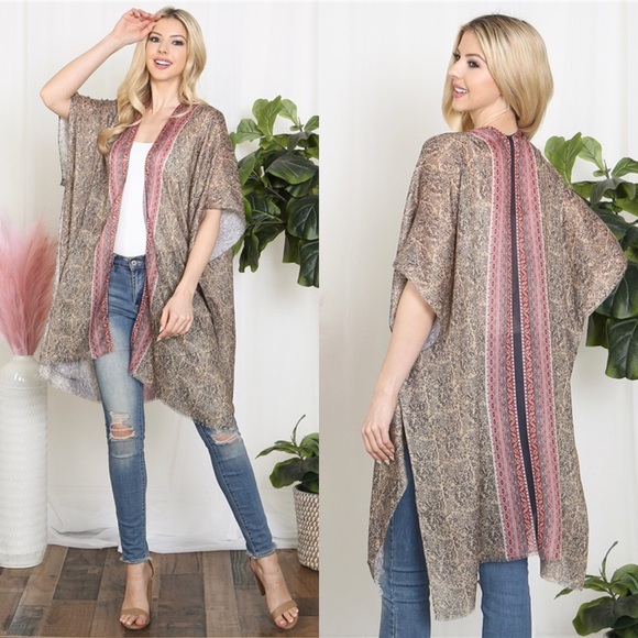 NEW ARRIVAL LIGHTWEIGHT LEAF PRINT INLINE BOHO OPEN FRONT KIMONO-BEIGE - Picture 3 of 7